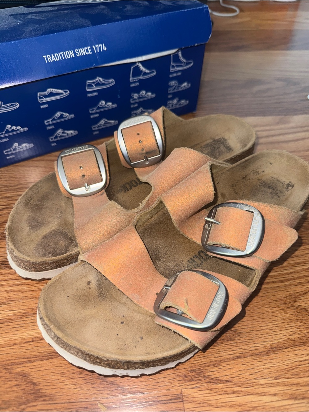 Birkenstock women's metallic orange with Silver Buckles